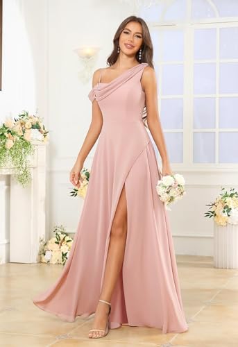Image of Women's One Shoulder Bridesmaid Dresses Long for Wedding with Pockets Lace Bodice A-Line Chiffon Formal Party Gown