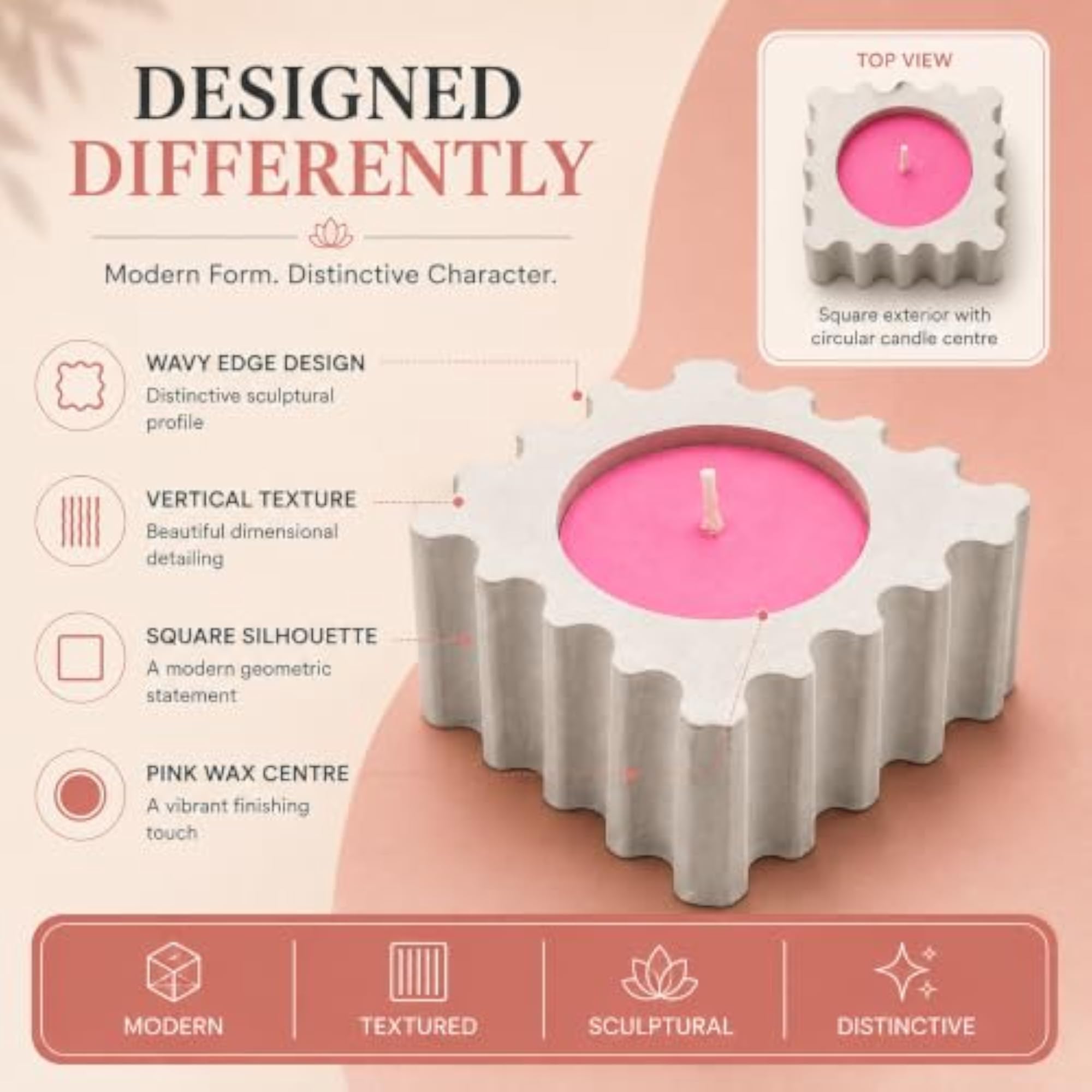 Square Sculptural Pink Wax Candle, Wavy Fluted Design