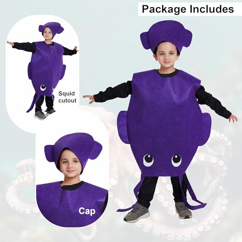 Image of Kaku Fancy Dresses Polyester Squid Cutout for kids, Water Animal Costume For Boys & Girls (Freesize /Only Cutout with Cap), Purple