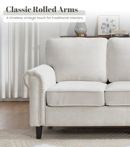 Image of Kingfun 3 Seater Couch, Mid Century Modern Sofa with Rolled Arms and Deep Seats, Fluffy Comfort for Living Room, Apartment, Easy Assembly, Beige