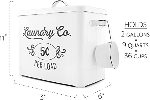 Auldhome Farmhouse Laundry Powder Container, White Enamelware Detergent Bin With Scoop #TOP4
