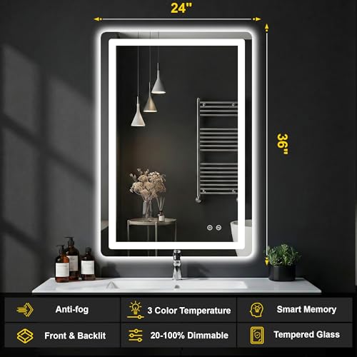 Image of LED Bathroom Mirror with Lights, 24 inchx36 inch Lighted Vanity Mirror for Wall