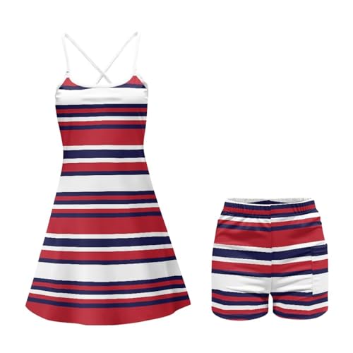 Red White Stripe Women's Tennis Dress with Built-in Shorts and Side Pockets Sleeveless Golf Outfit Lightweight Breathable for All-Day Comfort