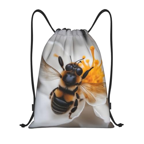Bee On Honeycomb Print Drawstring Backpack,210d Polyester Gym Sack,For Sports,Travel And Fitness