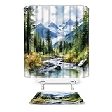 Mountain Forest Shower Curtain Nature Landscape Pine Tree Waterfall Snow Hill Rural Country Natural Scene Polyester Fabric Bathroom Curtains with Hook 70×70+18x30 Inch