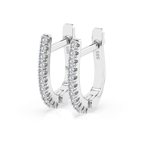 Aros de Oro Blanco 585 con 22 Diamantes 0.18 ct - Pendientes de Aro para Mujer en Oro Auténtico - Joya Clásica