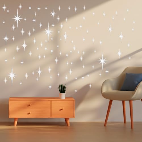 Trinkrittey 108 Pcs Silber 3D Wandtattoo Spiegel Sterne Abnehmbare Spiegel Sticker Selbstklebend für Home Wohnzimmer Schlafzimmer Dekor