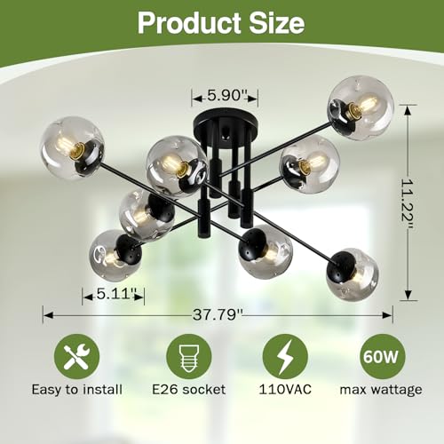 Image of 8 Light Glass Globe Ceiling Light Black Mid Century Flush Mount Sputnik Light Fixture Bubble Chandelier Living Room Farmhouse for Dining Room Kitchen Bedroom.