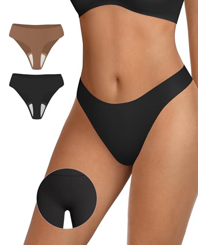 Image of OEAK Seamless Thongs for Women Invisible Thongs No Show Thong Panty Liners Tangas Comfortable Workout G-Strings Underwear Black+Latte XS