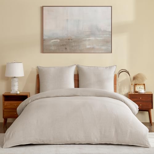 DAPU Leinen Bettwäsche, 100% Reiner französischer Flachs Atmungsaktives Bettwäsche Set 200×200cm+2 80×80cm mit Öko-Tex 100 Standard, Weiches Stone-Washed Bettbezug mit Reißenverschluss, Beige