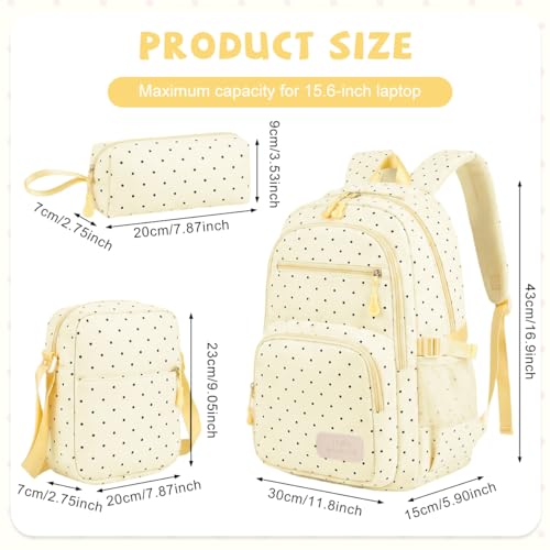 Image of PALAY School Bag for Girls Yellow Polka Dot Backpack with Crossbody Bag & Pencil Pouch Large Oxford Cloth Daypack Set Waterproof Multi-compartments Bookbag for Primary, Elementary, Middle School