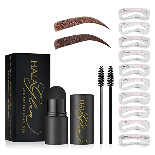 HalaGlam Eyebrow Stamp Stencil Kit Waterproof, Perfect Eye brow Stamping Kit with 10 Eyebrow Stencils, 2 Eyebrow Brushes, The Brow Trio Kit with Brow Stencil & Stamp Shaping Kit- Light Brown