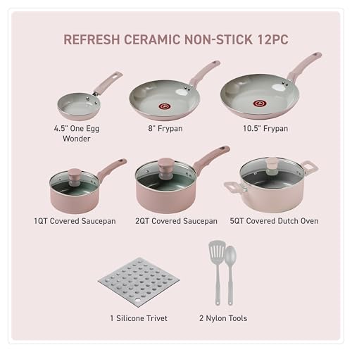 T-Fal Refresh Ceramic Nonstick Cookware Set, 12-Piece Ceramic Pots and Pans Set, Oven Safe to 350°F, Includes Stockpot, Griddle, Frying Pans, & Utensils, Dusty Rose by T-Fal - Image 2