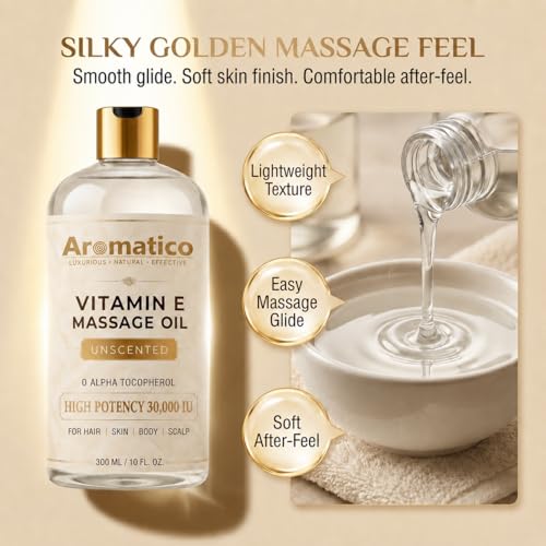 Image of AROMATICO Vitamin E Massage Oil 30,000 IU Unscented - Carrier Oil for Massage with Pure & Natural Alpha-D-Tocopherol, Almond & Jojoba for Deep Nourishment & Stretch Marks | 300ml