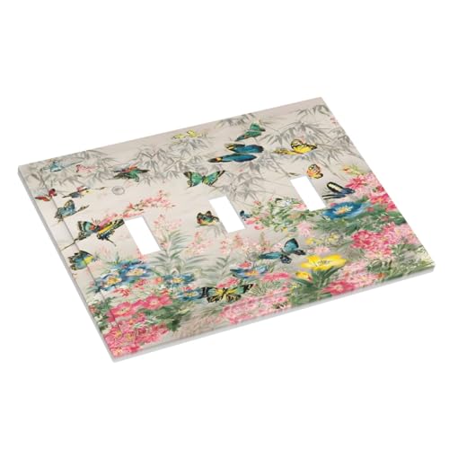 Decorative Switch Covers Plate Boho Wildflowers Butterfly Rustic Blue Pink Flowers 3 Gang Wall Plate Oversized Triple Toggle Light Switch Plate Jumbo Faceplate for Country Home Decor
