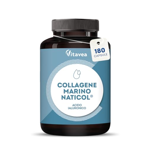 Collagene Marino Naticol® 800 mg + Acido Ialuronico e Vitamina C – Pelle, Ossa e Cartilagini – Collagene Marino Brevettato – 180 Capsule (2 Mesi di Trattamento) – Senza Glutine – Vitavea