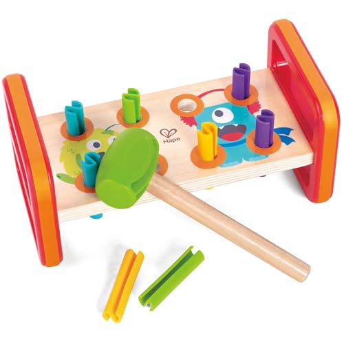 Image of Hape: Wooden Monster Hammer Bench with 8 Pegs - Educational Toy for Kids & Toddlers, Fun Monster Design for Motor Skills Development