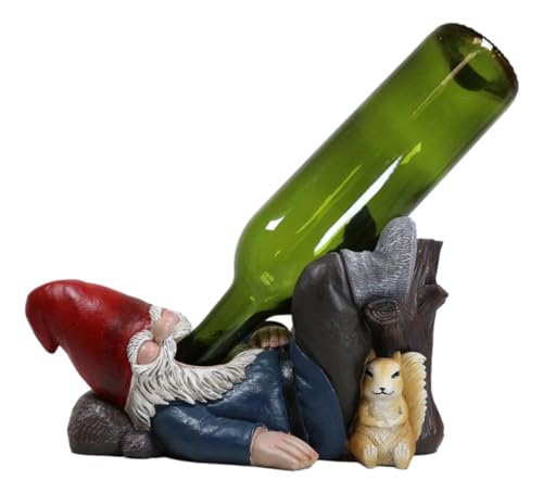 Ebros Gift Whimsical Festive Holiday Novelty Tipsy Drunk Mr Gnome Sleeping in Forest Near Squirrel Wine Bottle Holder Rack Caddy Stand Figurine As Kitchen Dining Bar Countertop Decorative Accent