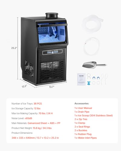 VEVOR kommerzielle Eismaschine (31,75 kg/Tag) Eisbereiter mit 5,44 kg Speicherkapazität, 36 Eiswürfel in 15 Minuten, mit LED-Digitalanzeige & 2 Möglichkeiten zur Wasserzugabe, für Bar Büro Restaurant