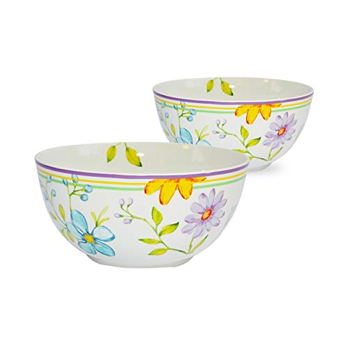 Euro Ceramica Charlotte Collection Stoneware Dinnerware and Serveware 9" Fruit/Vegetable/Salad Serving Bowl, Set of 2, Watercolor Floral/Garden Design, Multicolor