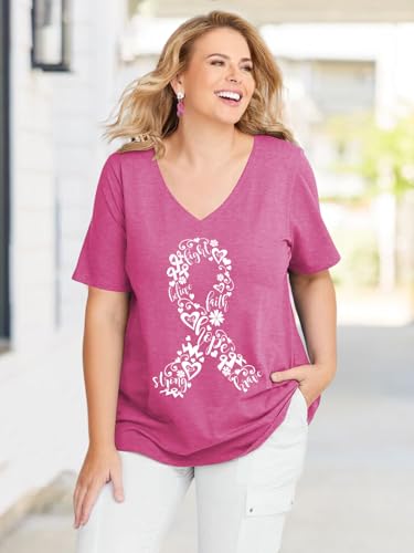 Plus Size Breast Cancer Shirts for Women Breast Cancer Awareness T-Shirts Pink Ribbons V Neck Tee Tops3