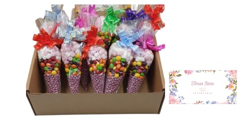 Temas Prefilled Sweet Cones & Popcorns - Ribbon Bow Design - Pack of 10 - Perfect for Adult & Kids Party Bags Party Favors Baby Showers Bridal Showers - Assorted Flavours (vimto)