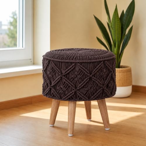 Image of Macrame Ottoman for Living Room | Handcrafted Woven Foot Rest Stool with Solid Wooden Legs | Pouffe for Sitting, Foot Stool for Bedroom & Home Decor | 16x16x18 Inch (Coffee)