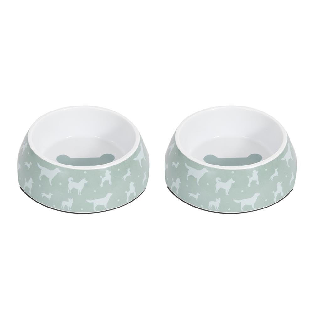 YöL Pack of 2 500ml Dog Print Food Drink Bowl Pet Puppy Anti Skid Base Melamine Plastic Sage Green