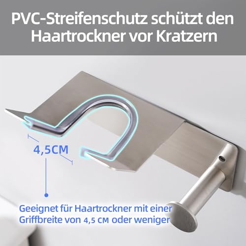 UEMUSI Föhn Halterung, Fönhalter Ohne Bohren, SUS304 Edelstahl Wand Ohne Bohren Föhnhalter Geeignet für die Meisten Haartrockner, Föhn Halterung Ohne Bohren fürs Badezimmer