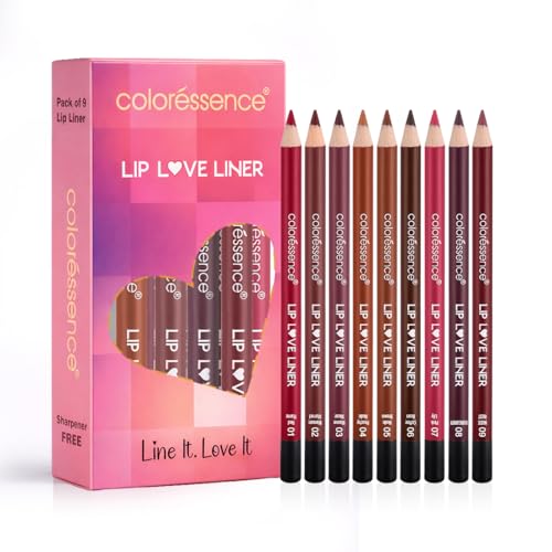 Image of Coloressence Matte Lip Love Liner Pencil Kit, Multicolor, Pack of 9 Shades with FREE Sharpener | Long Lasting | Lightweight | Highly Pigmented | Enriched with Castor Oil & Vitamin E