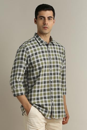 Image of Peter England Men's Checkered Cotton Shirt | Smart Casual | Full Sleeves Slim Fit