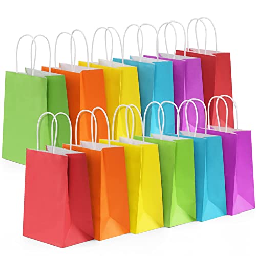 MOMENT 24 Pack Paper Gift Bags Set with Handles 22x16x8cm Small Kraft Gift Bag Rainbow Goodie Bags for Kids Birthday Party Favors Weddings Restaurant Takeouts (24pcs Multi Color)