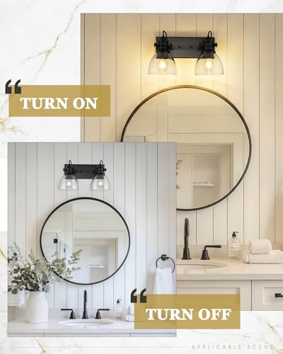 Image of 2-Light Black Bathroom Vanity Light Over Mirror, Clear Glass Shade | 16 inch Retro Vintage Vanity Lighting Fixture, E26 Base, Long Base Metal Frame, Ideal above Bathroom Mirrors, AD-22151-2W-BK