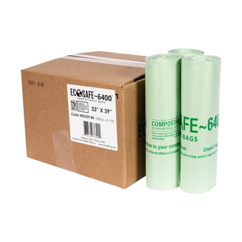 Image of EcoSafe-6400 HB3339-85 Certified Compostable Bag - 33x39 inch Green Bags for 35 Gallon Bin - Extra Strong Leak, Puncture and Tear Resistant Food Scraps Bin Liners, Pack of 135