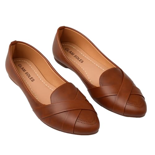 Image of Women's Stylish Flat Belly Shoes - Comfortable Faux Leather Slip-Ons with Crisscross Strap Flats for Office & Casual