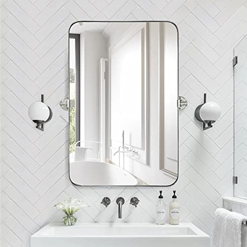 Teebarn 20X30 Brushed Nickel Metal Framed Rectangular Pivoting Bathroom Mirror, Tilting Rounded Rectangle Vanity Mirror For Wall Mount #TOP4