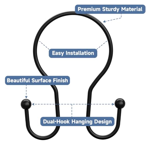 Image of Titanker Shower Curtain Hooks Rings, Rust Resistant Metal Minimalist Simple Double Glide Shower Hooks for Bathroom Shower Rods Curtains, Set of 12 Hooks - Black