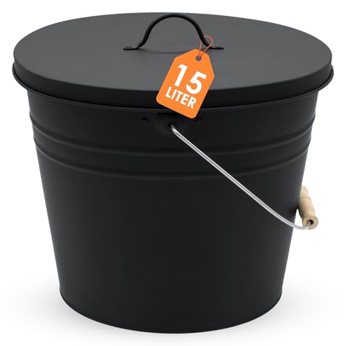 Zink Ascheeimer Oval mit Holzgriff und Deckel 15 L - schwarz - Metall...