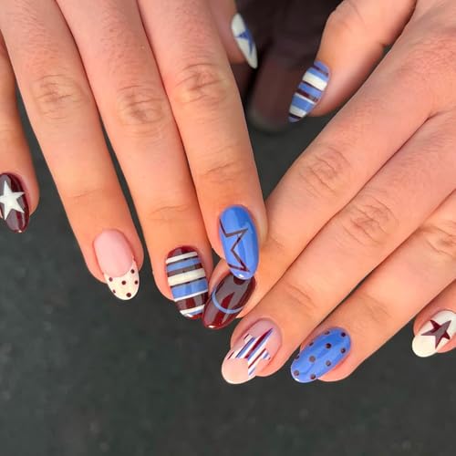 Retro Geometric Mix & Match Almond Press on Nails Navy Blue, Burg...