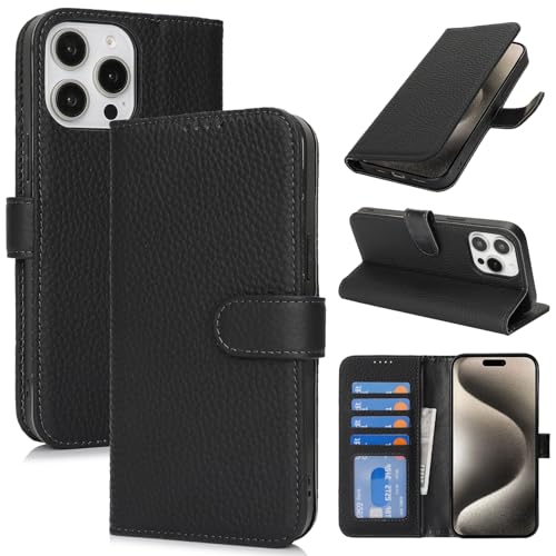 Zouzt Hülle für iPhone 15 Pro Max 6 7 Zoll Echt Leder Hülle mit 4 Kartenfächern RFID Blocker Kartenhalter Magnet Klapp Stoßfest Schutzhülle Frauen Männer für iPhone 15 Pro Max - Schwarz