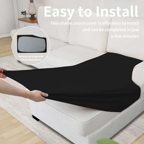 Image of Easy-Going Stretch 1 Piece Chaise Lounge Cushion Slipcover | Sectional Couch Covers L Shape Separate Cushion Couch Seat Chaise Cover for Both Left /Right Sectional Couch Black