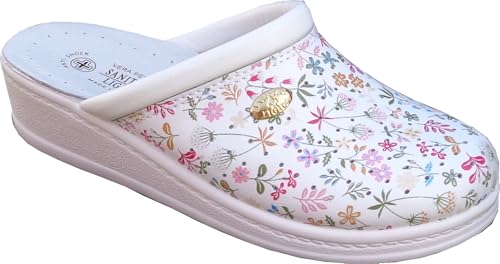Sanital Light Sabot Femme en Cuir 1350 - Fleurs Blanc - 39