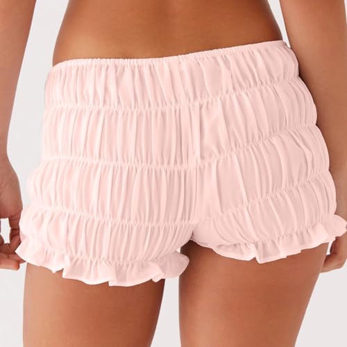 Image of NUFIWI Women's Y2k Ruched Mini Shorts Low Waist Ruffle Frill Bloomers Lounge Pajamas Smocked Micro Shorts Sleepwear