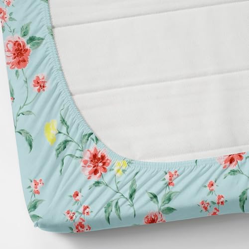 Image of KAWI Elastic Fitted Bedsheet Cotton Blend Double Bed with 2 Pillow Cover (72 inch X 78 inch)- Cream Colour-Firozi Pink Floral Print