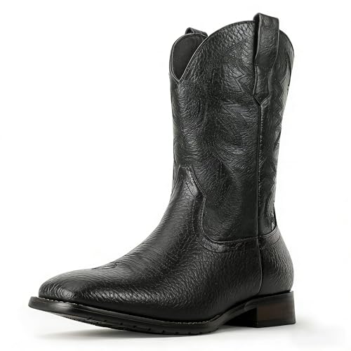 Mofri Cowboy Boots for Men Handmade Square Toe Western with Exquisite Embroidery Genuine Wood Grain Outsole Durable Slip-Resistant Country Boot fot Men Men' s Leather Western Boots(Black 10.5 M US)