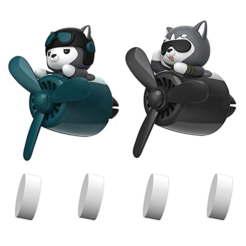 Black Bear Pilot Car Air Freshener, Cute Car Diffuser Rotating Propeller Air Outlet Vent Fresheners Aroma Ornament, Car Perfume Fragrance Diffuser Ornaments With Refill Pads (green/gray husky-2pcs)