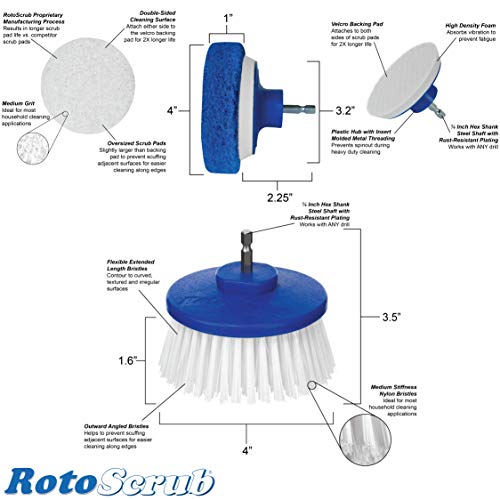 RotoScrub Bathroom Cleaning Scrub Pads + Drill Powered Scrub Brush - Drill Accessory Combo Kit