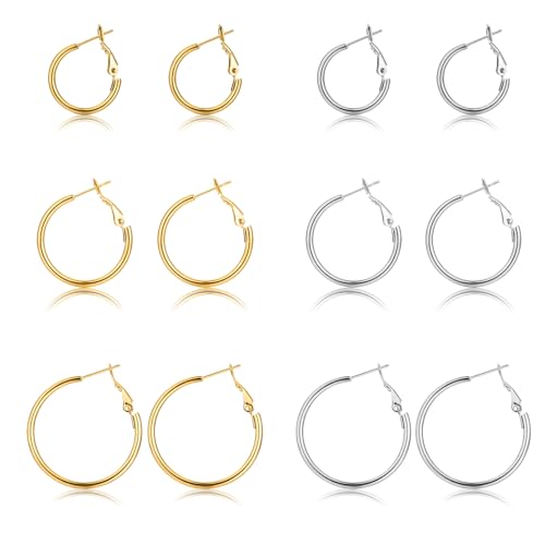 6 Pairs Gold Silver Hoop Earrings for Women, 14K Gold Plated Stainless steel Hoop Earring for Women, Lightweight Hypoallergenic Dainty Hoop Earrings Set