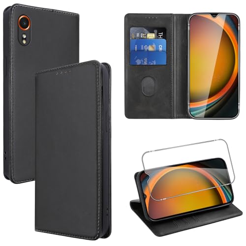 Vauki Handyhülle für Samsung Galaxy XCover 7 Hülle Klapphülle Premium PU Leder Standfunktion Kartenfach RFID Schutzhülle Flip Wallet Handytasche Case Lederhülle mit Panzer Schutz Glas Schwarz
