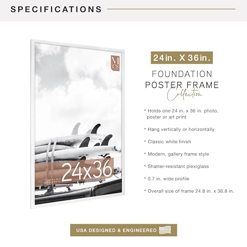 Image of MCS Foundation 24x36 Poster Frame Traditional White, Vertical & Horizontal Wall Hanging Large Picture Frame for Photos, Posters & Art Prints (1-Pack)